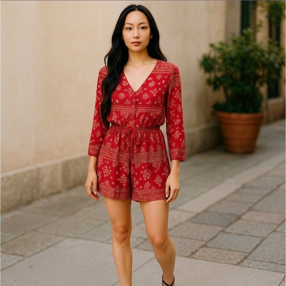 Archaic ✦ Red Paisley Romper ✦ Long Sleeve V-Neck w/ Tie Detail Boho Rebel Style